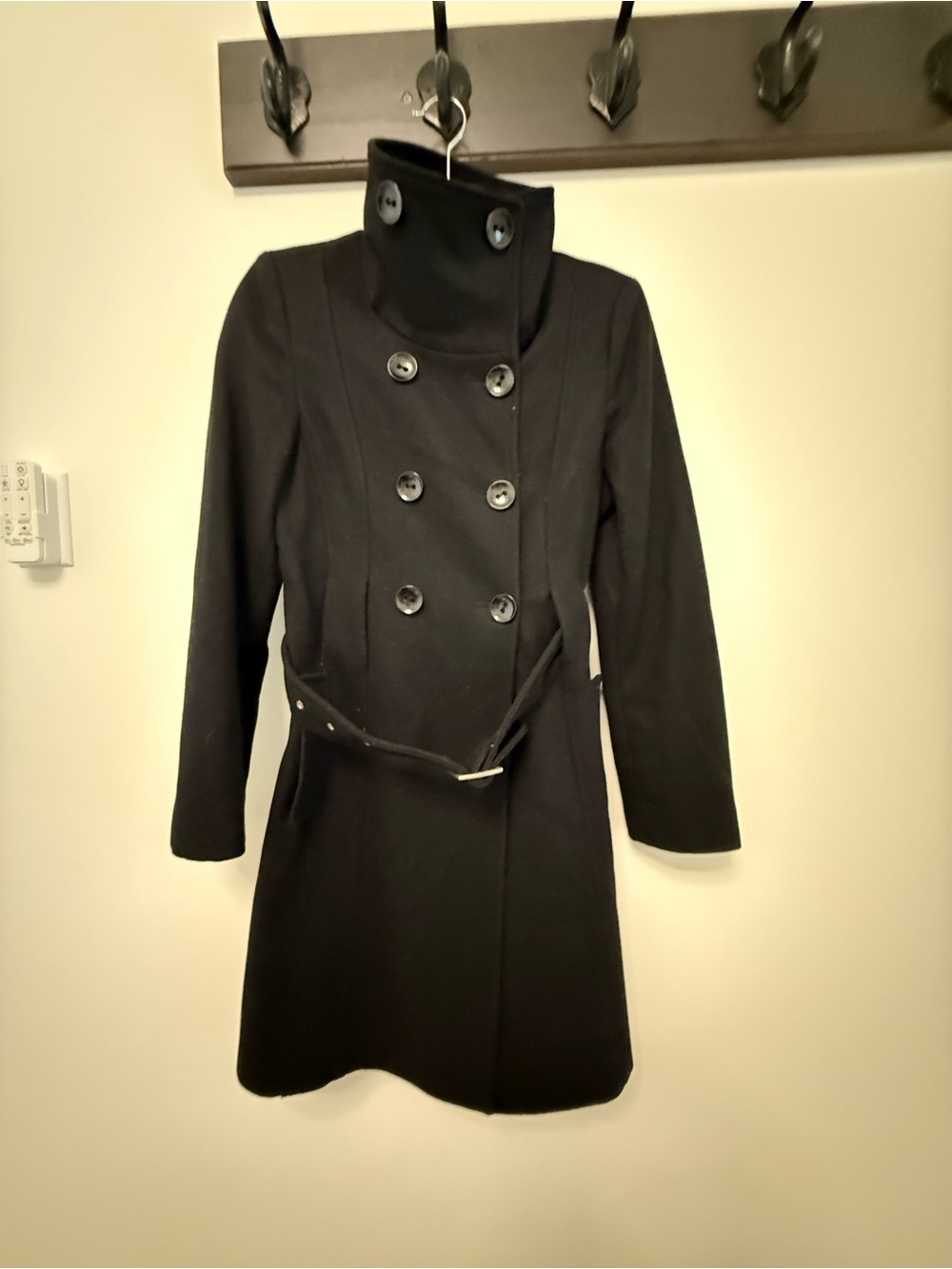 Guess Black Double-Breasted Pea Coat with Belt